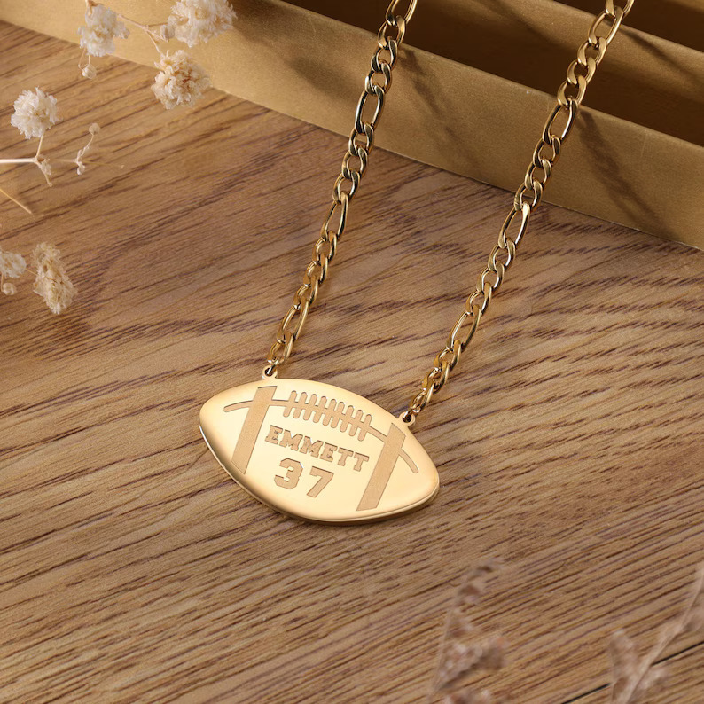 Engraved Football Name Necklace With Jersey Number, Personalized 3D Football Name Necklace, Custom Football Necklace