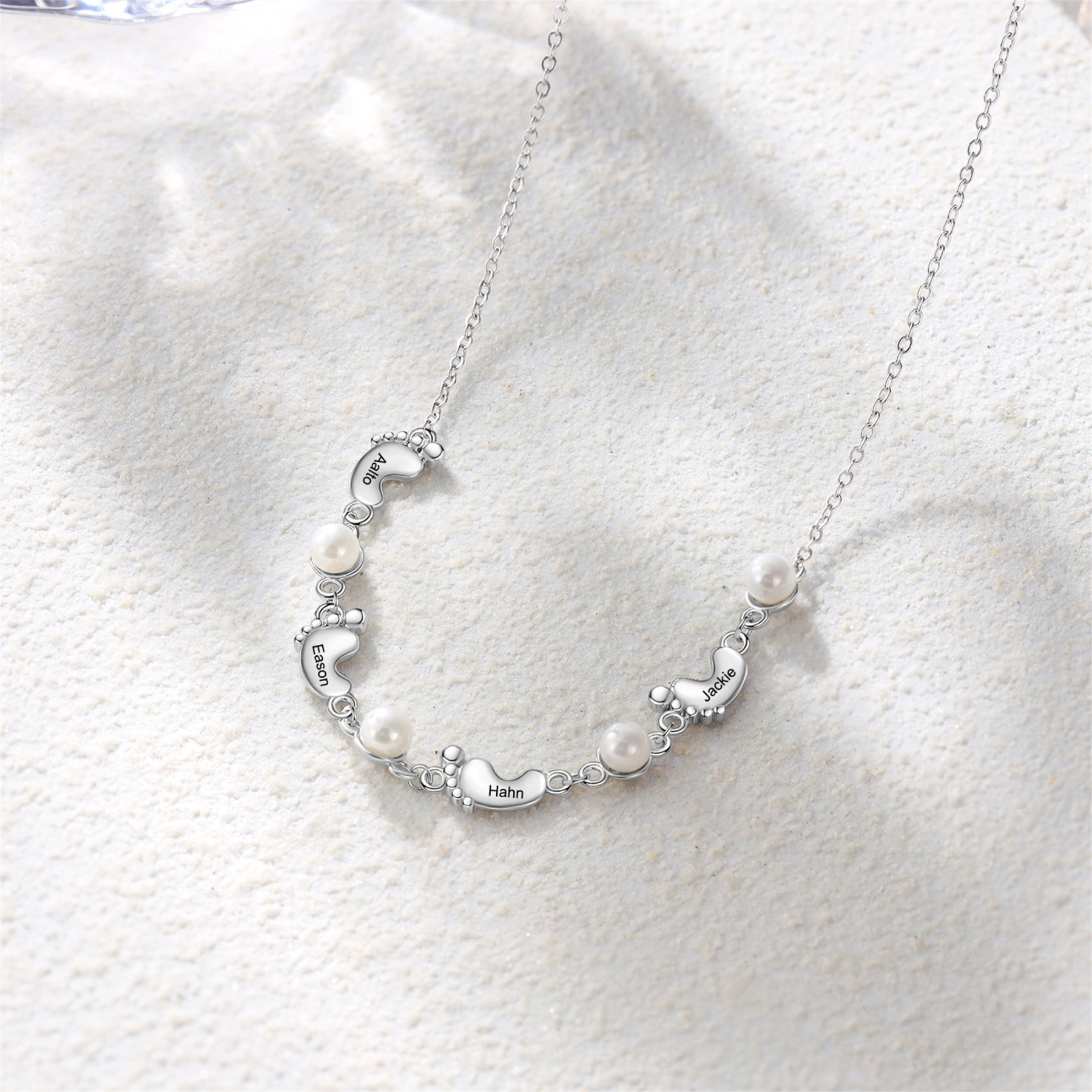 Custom Baby Foot Pearl Necklace Engraved Kids Names