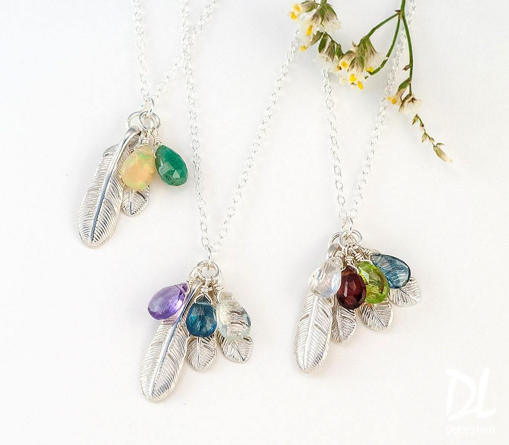 Custom Birthstone Boho Feather Charm Necklace