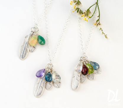Custom Birthstone Boho Feather Charm Necklace