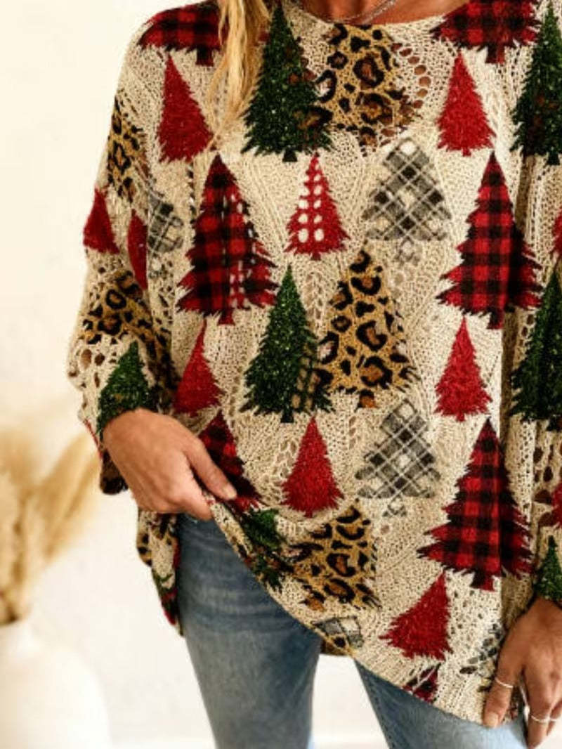 Women Long-Sleeve Christmas Tree Print Knit Pullover – Casual & Elegant Loose Fit Sweater