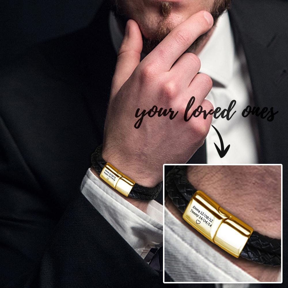 Christmas Gift Engraved Bracelet for Men with Black Leather