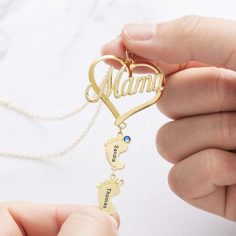 Mother's Day Gift Mama Heart Pendant With Birthstone Baby Feet Necklace