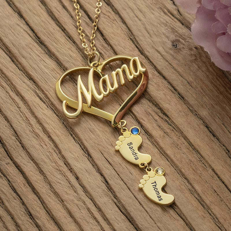 Mother's Day Gift Mama Heart Pendant With Birthstone Baby Feet Necklace