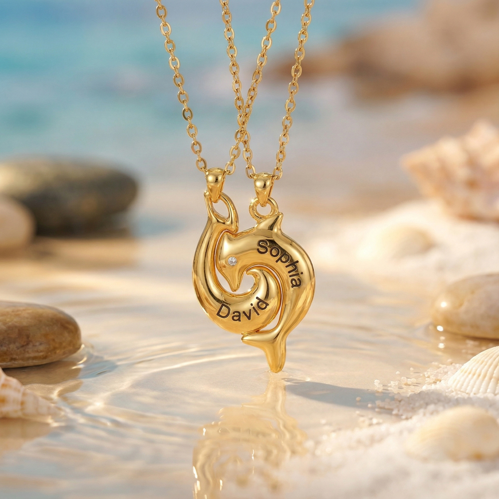 Personalized Dolphin Couple Necklace, Custom 2 Names Jewelry