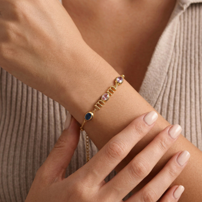 Personalized Mom Birthstone Bracelet, Custom Name Family Bracelet