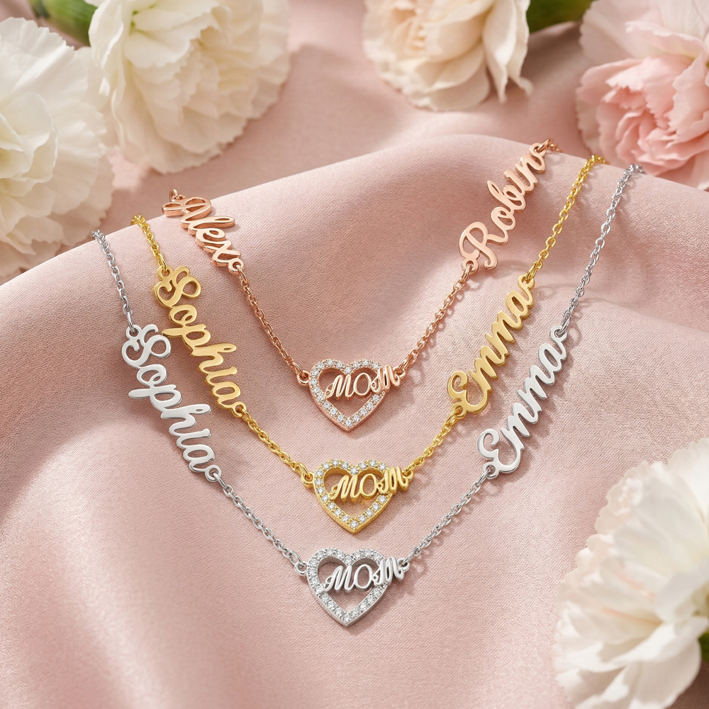 Personalized Mom Necklace with Kids Names, Custom Name Heart Necklace