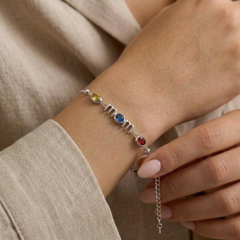 Personalized Mom Birthstone Bracelet, Custom Name Family Bracelet