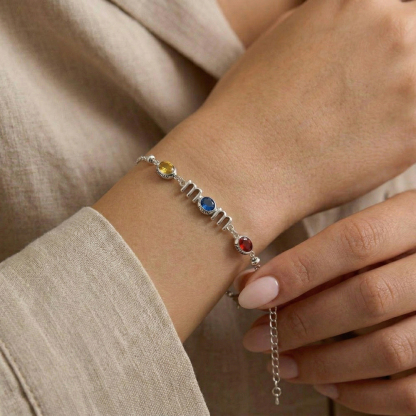Personalized Mom Birthstone Bracelet, Custom Name Family Bracelet