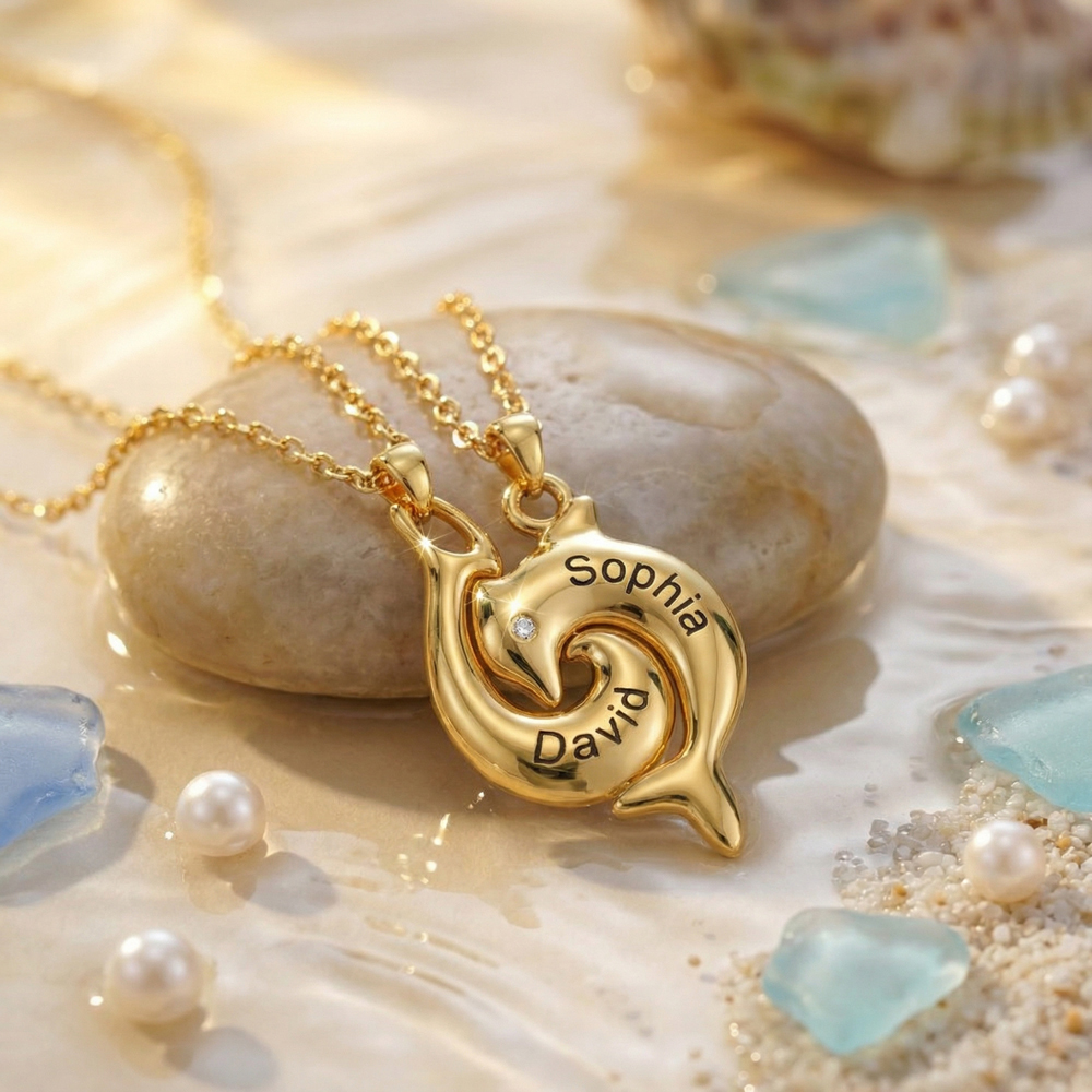 Personalized Dolphin Couple Necklace, Custom 2 Names Jewelry