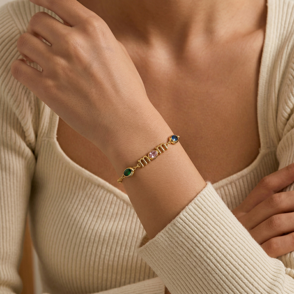 Personalized Mom Birthstone Bracelet, Custom Name Family Bracelet