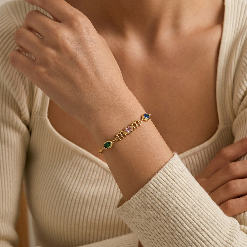 Personalized Mom Birthstone Bracelet, Custom Name Family Bracelet