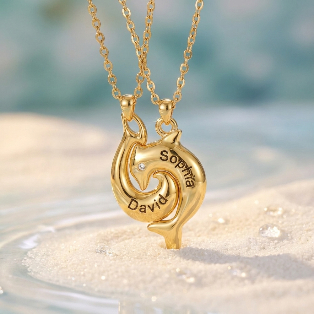 Personalized Dolphin Couple Necklace, Custom 2 Names Jewelry