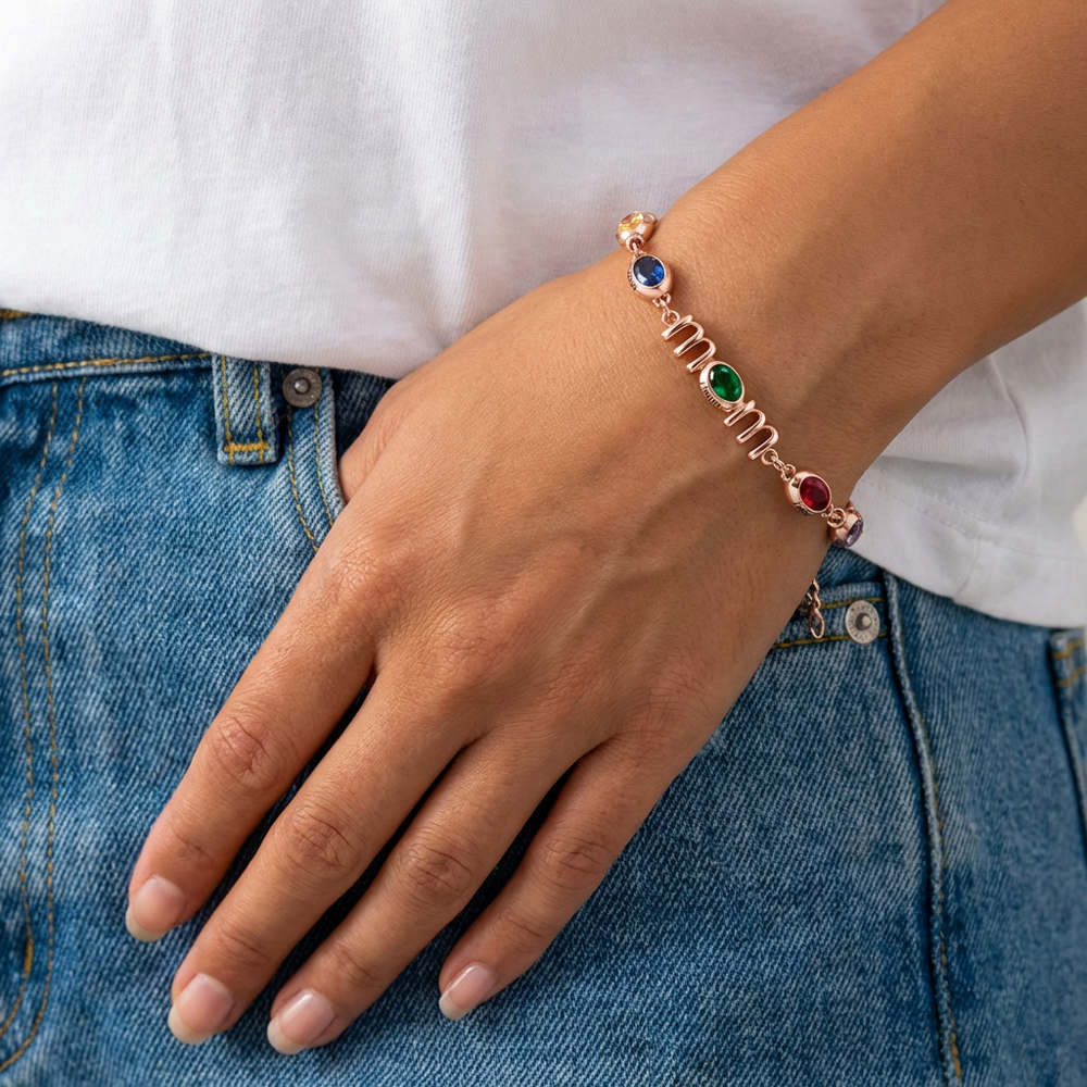 Personalized Mom Birthstone Bracelet, Custom Name Family Bracelet