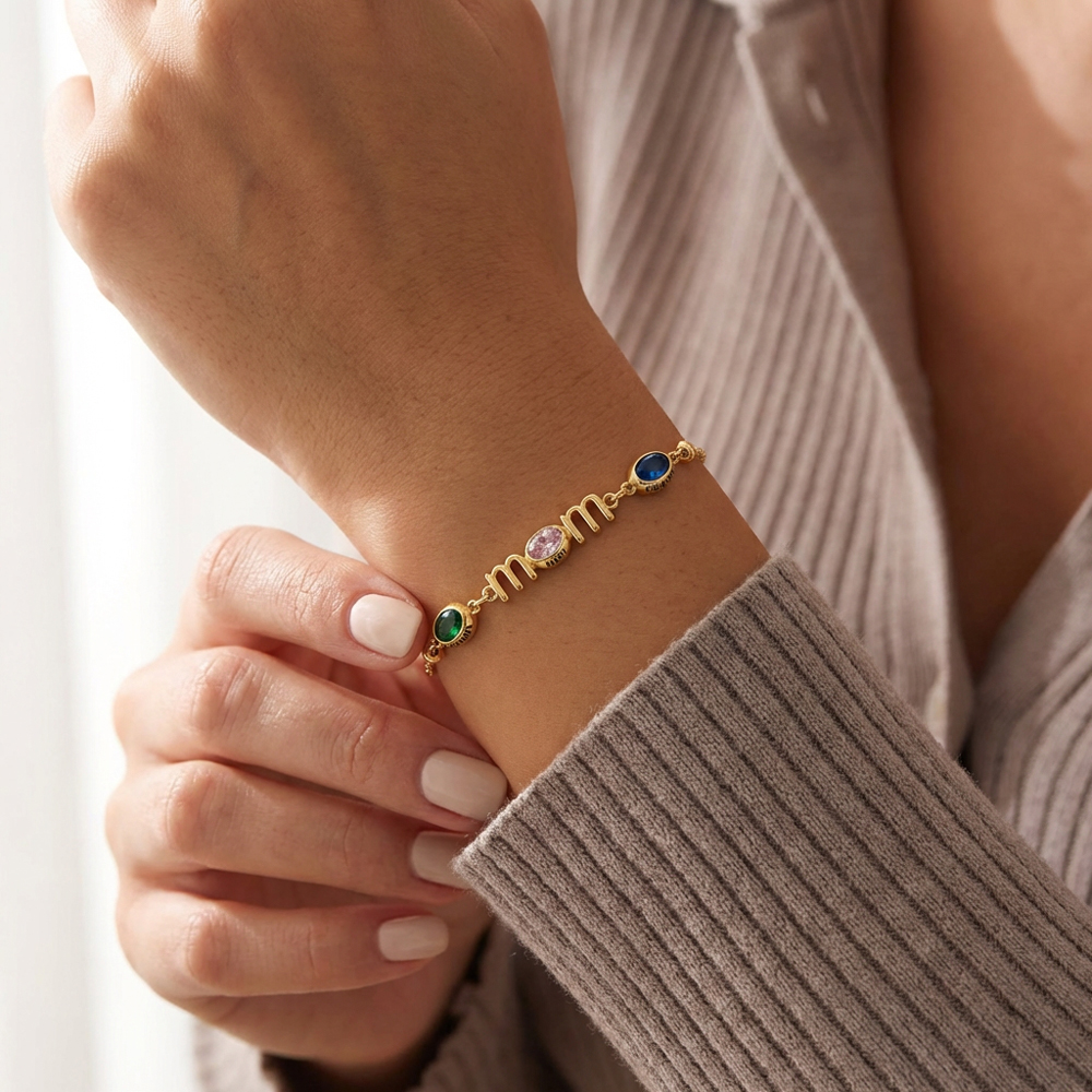Personalized Mom Birthstone Bracelet, Custom Name Family Bracelet