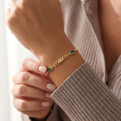 Personalized Mom Birthstone Bracelet, Custom Name Family Bracelet