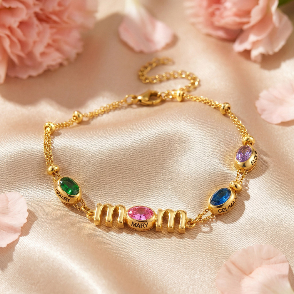 Personalized Mom Birthstone Bracelet, Custom Name Family Bracelet