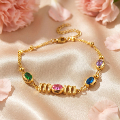 Personalized Mom Birthstone Bracelet, Custom Name Family Bracelet