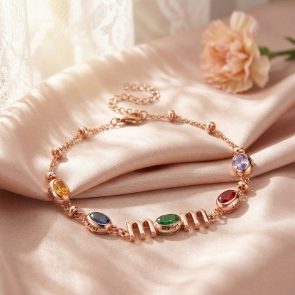 Personalized Mom Birthstone Bracelet, Custom Name Family Bracelet