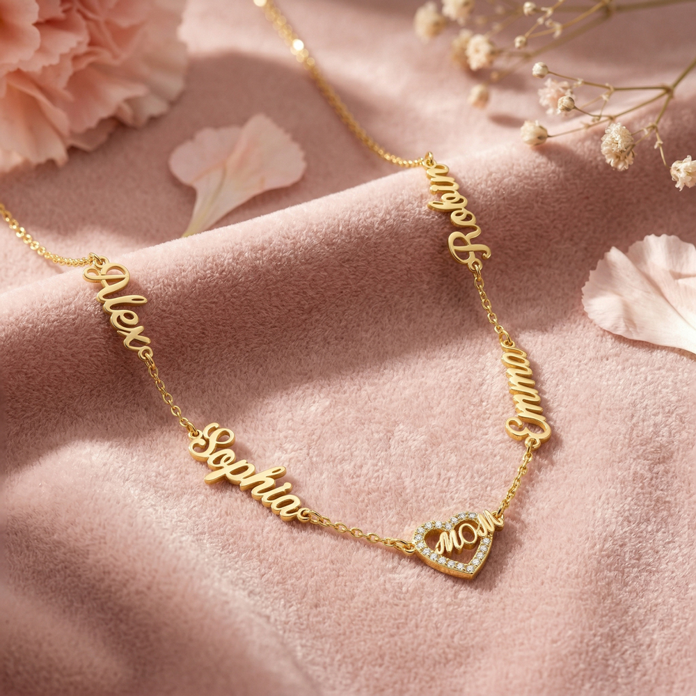 Personalized Mom Necklace with Kids Names, Custom Name Heart Necklace