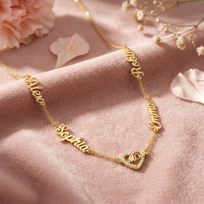 Personalized Mom Necklace with Kids Names, Custom Name Heart Necklace