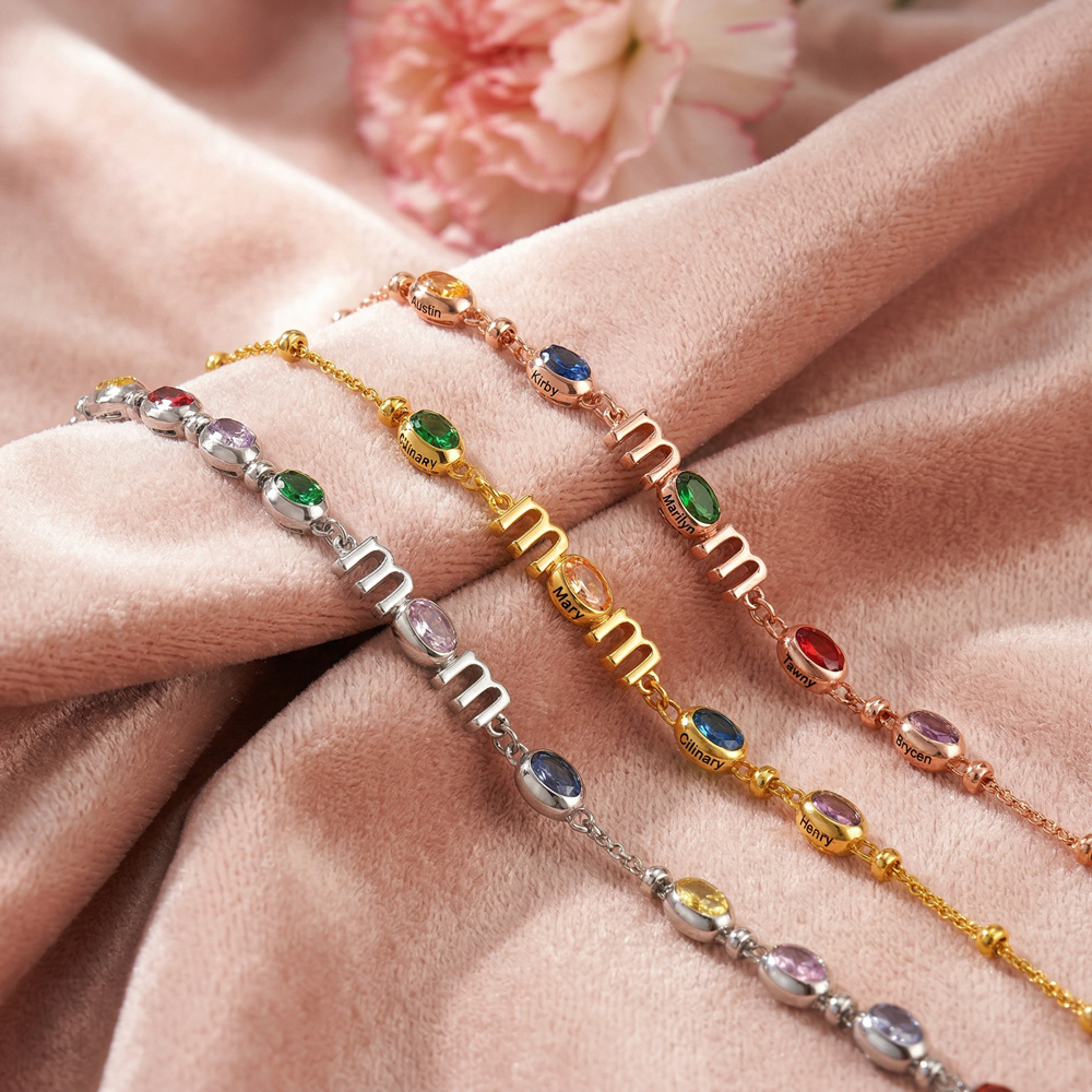 Personalized Mom Birthstone Bracelet, Custom Name Family Bracelet