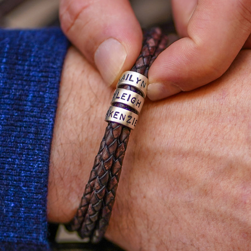 Christmas Gift Men Braided Leather Bracelet with Small Custom Beads