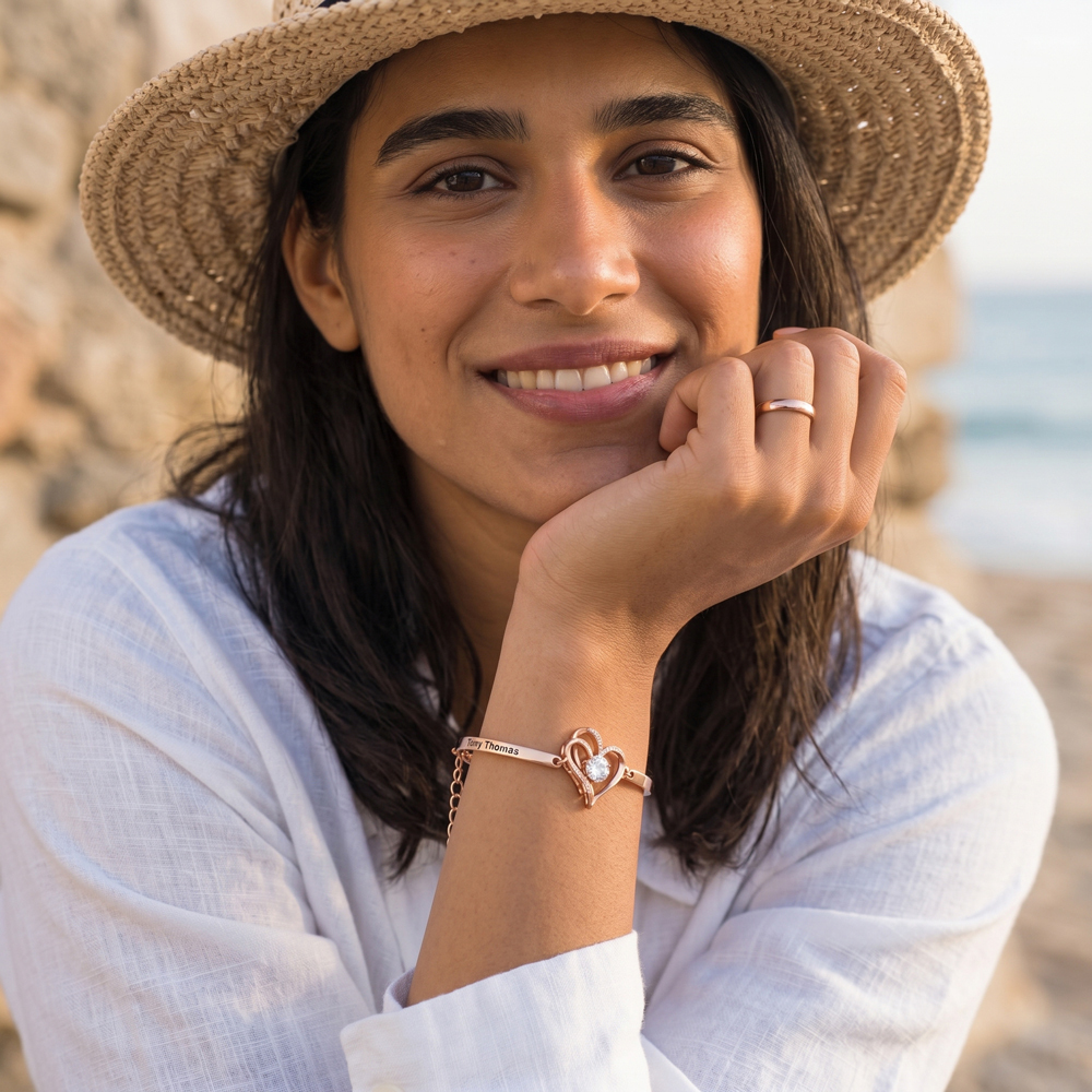 Double Heart Zircon Silver Adjustable Bracelet