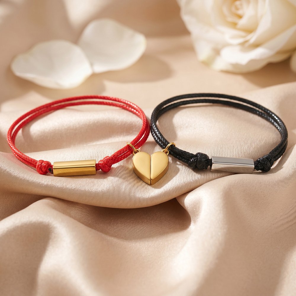 Personalized Magnetic Heart Couple Name Bracelet Set