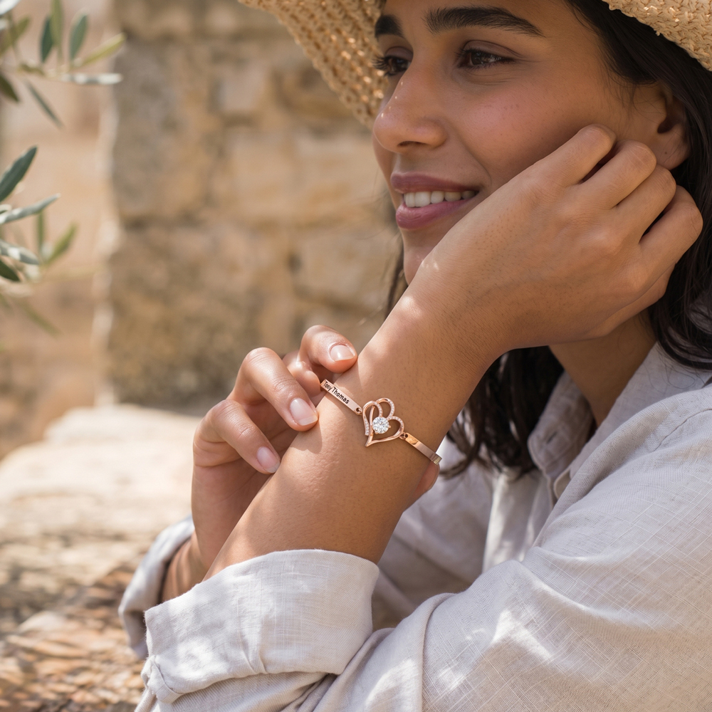 Double Heart Zircon Silver Adjustable Bracelet