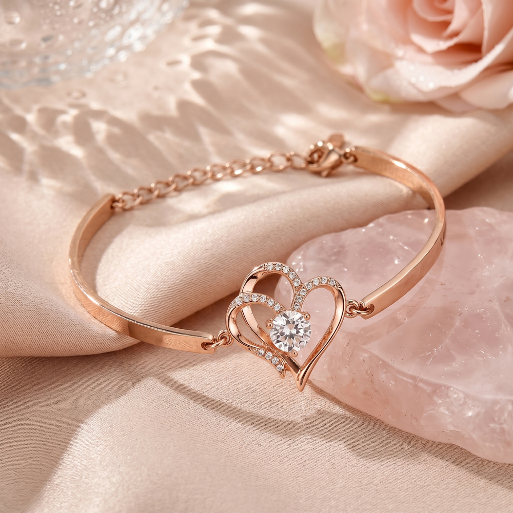 Double Heart Zircon Silver Adjustable Bracelet