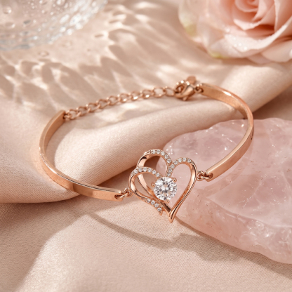 Double Heart Zircon Silver Adjustable Bracelet