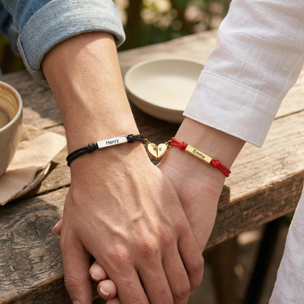 Personalized Magnetic Heart Couple Name Bracelet Set