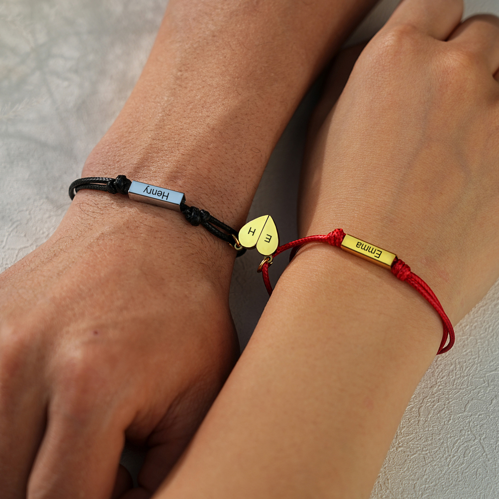 Personalized Magnetic Heart Couple Name Bracelet Set