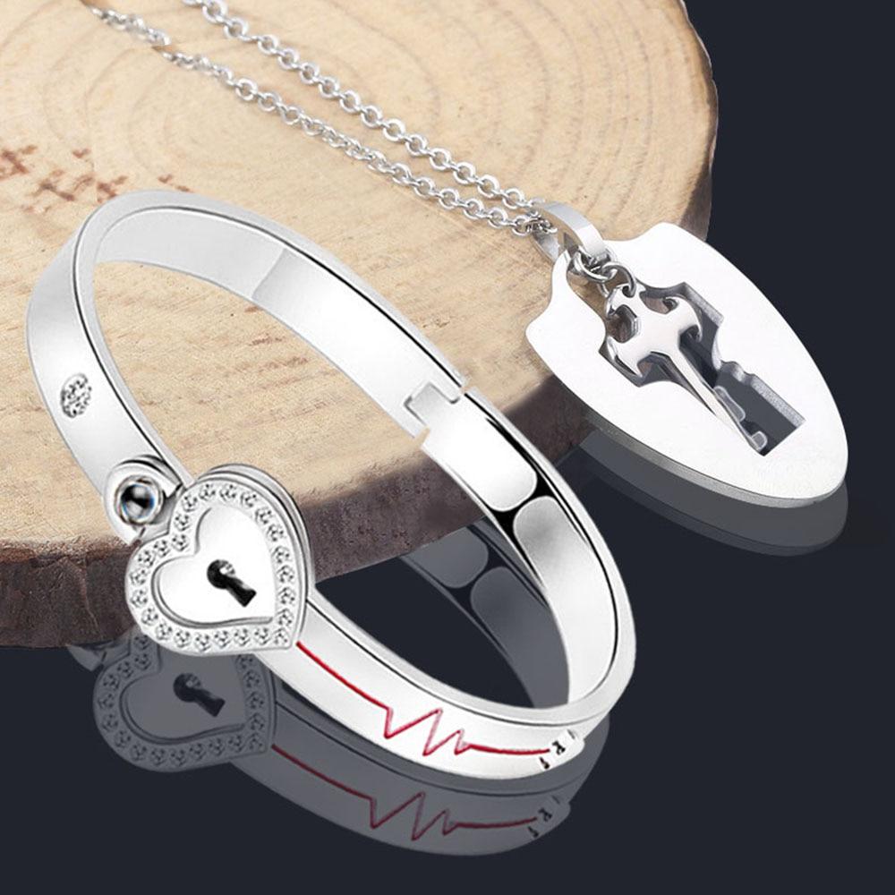 100 Language Heartbeat Key to My Heart Couple Necklace & Bracelet Lock and Key Set (16 Designs)