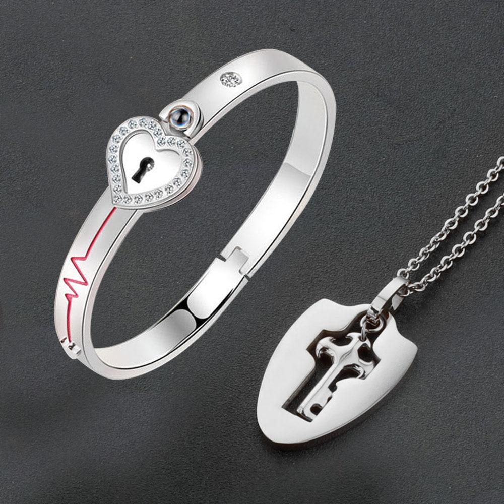 100 Language Heartbeat Key to My Heart Couple Necklace & Bracelet Lock and Key Set (16 Designs)