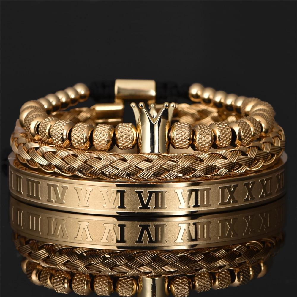 Father's Day Gift King Bling Royal Ice Roman Numerals Bracelet 3PCS Set (4 Colors)-Engravingift