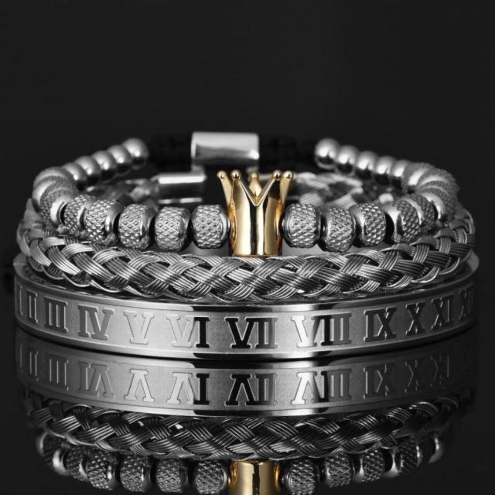 Father's Day Gift King Bling Royal Ice Roman Numerals Bracelet 3PCS Set (4 Colors)-Engravingift