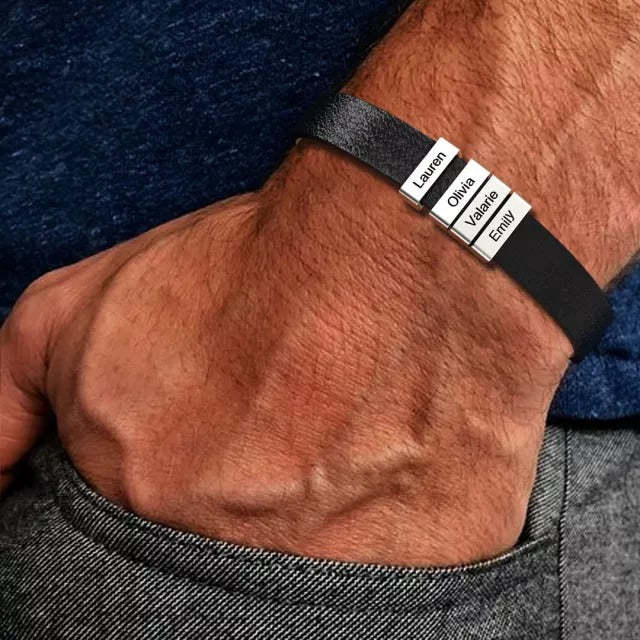 Christmas Gift Genuine Cowhide Bracelet With Kids Name for Dad