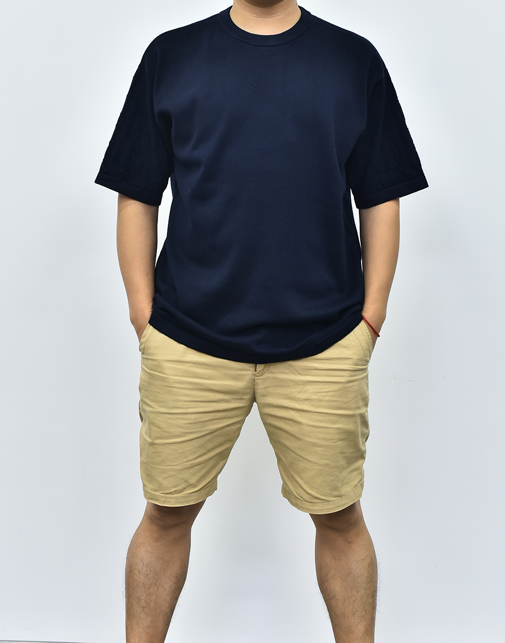 1V针织袖子印花短袖 米色藏青色