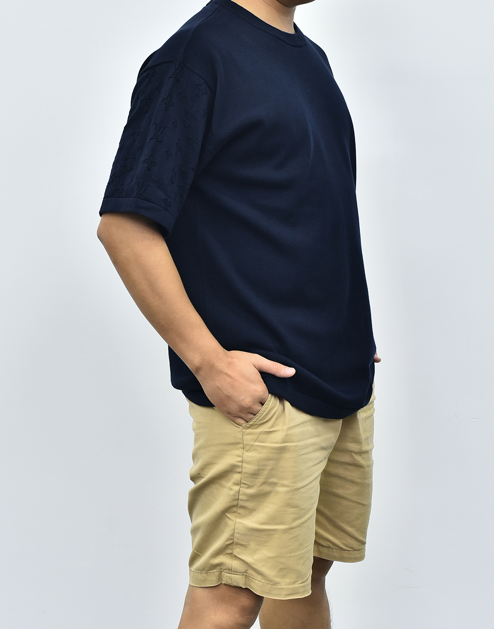 1V针织袖子印花短袖 米色藏青色