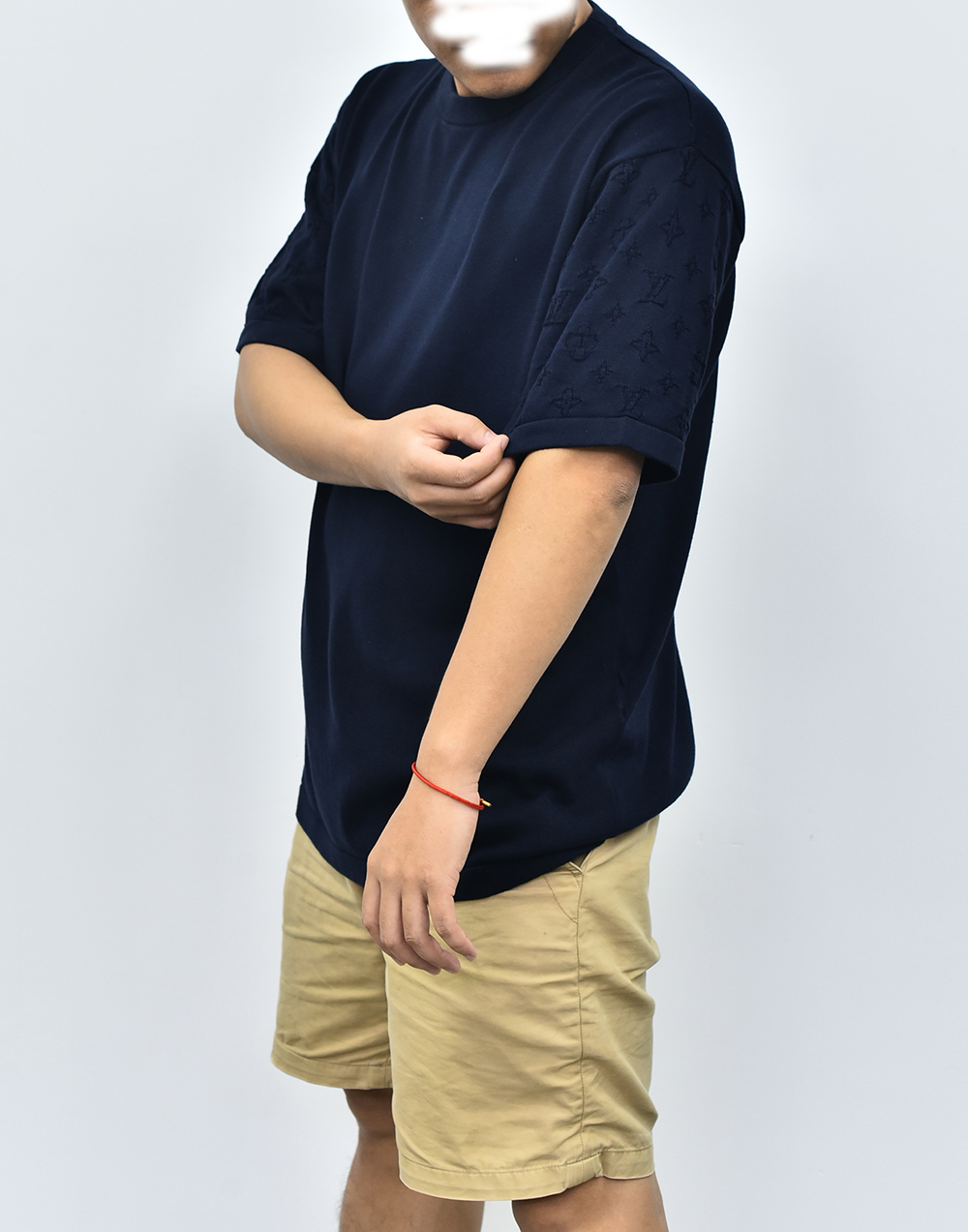 1V针织袖子印花短袖 米色藏青色