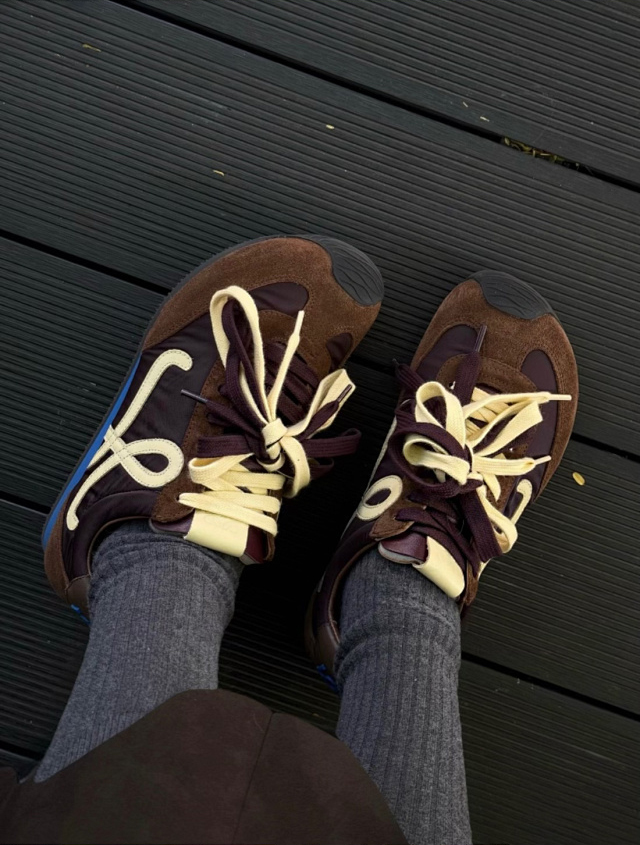 【四色出货】LOEW罗意 Ballet Runner 2.0 尼龙牛皮革 圆头系带 低帮 生活休闲鞋 棕色