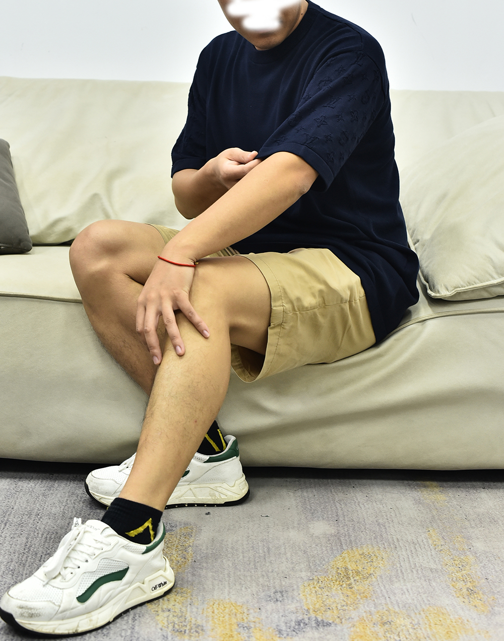 1V针织袖子印花短袖 米色藏青色