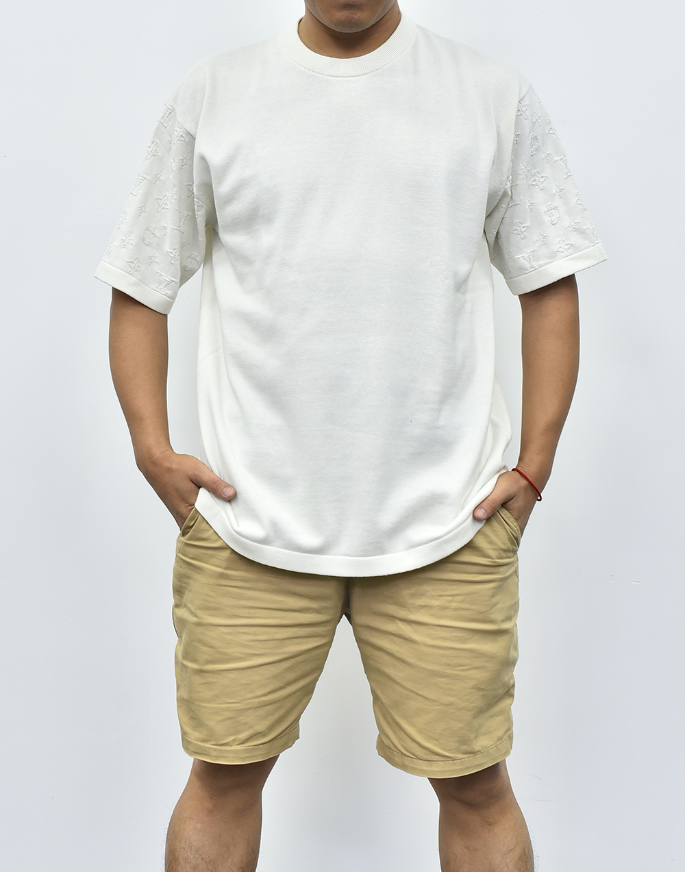 1V针织袖子印花短袖 米色藏青色