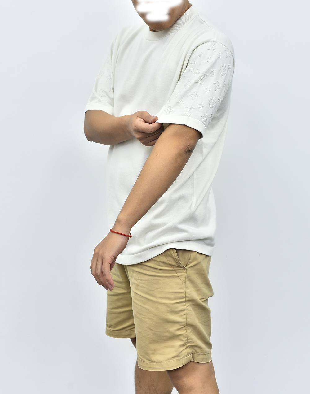 1V针织袖子印花短袖 米色藏青色