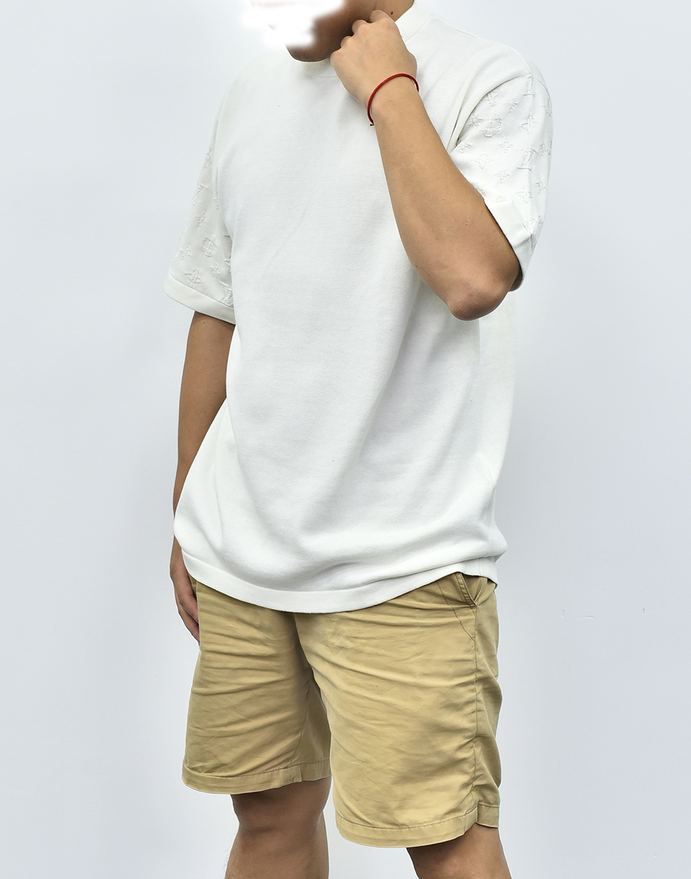 1V针织袖子印花短袖 米色藏青色