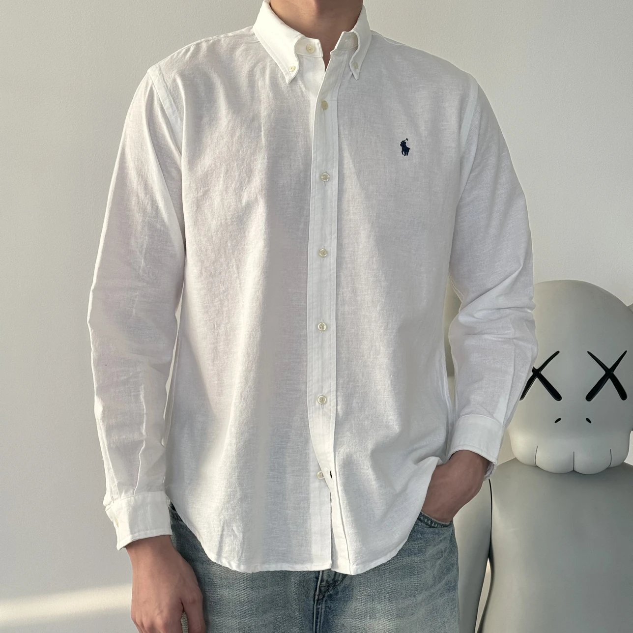 Item ID 8224 Ralph SS25 pony logo embroidered long sleeved cotton linen shirt - bla