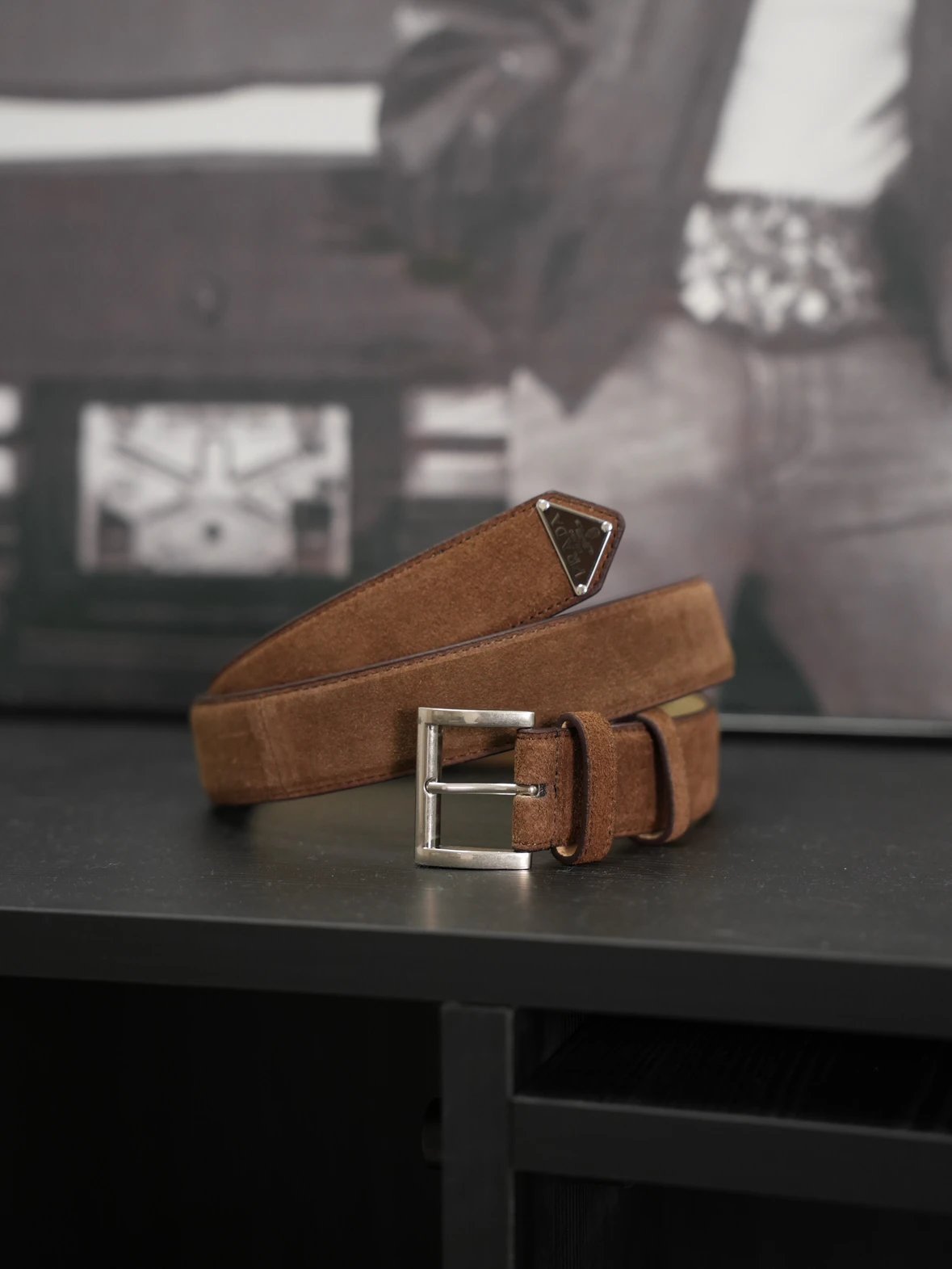 Item ID 8400 PRD _High Definition Triangle_ Logo Enamel Belt - _Imported Suede_ Bro