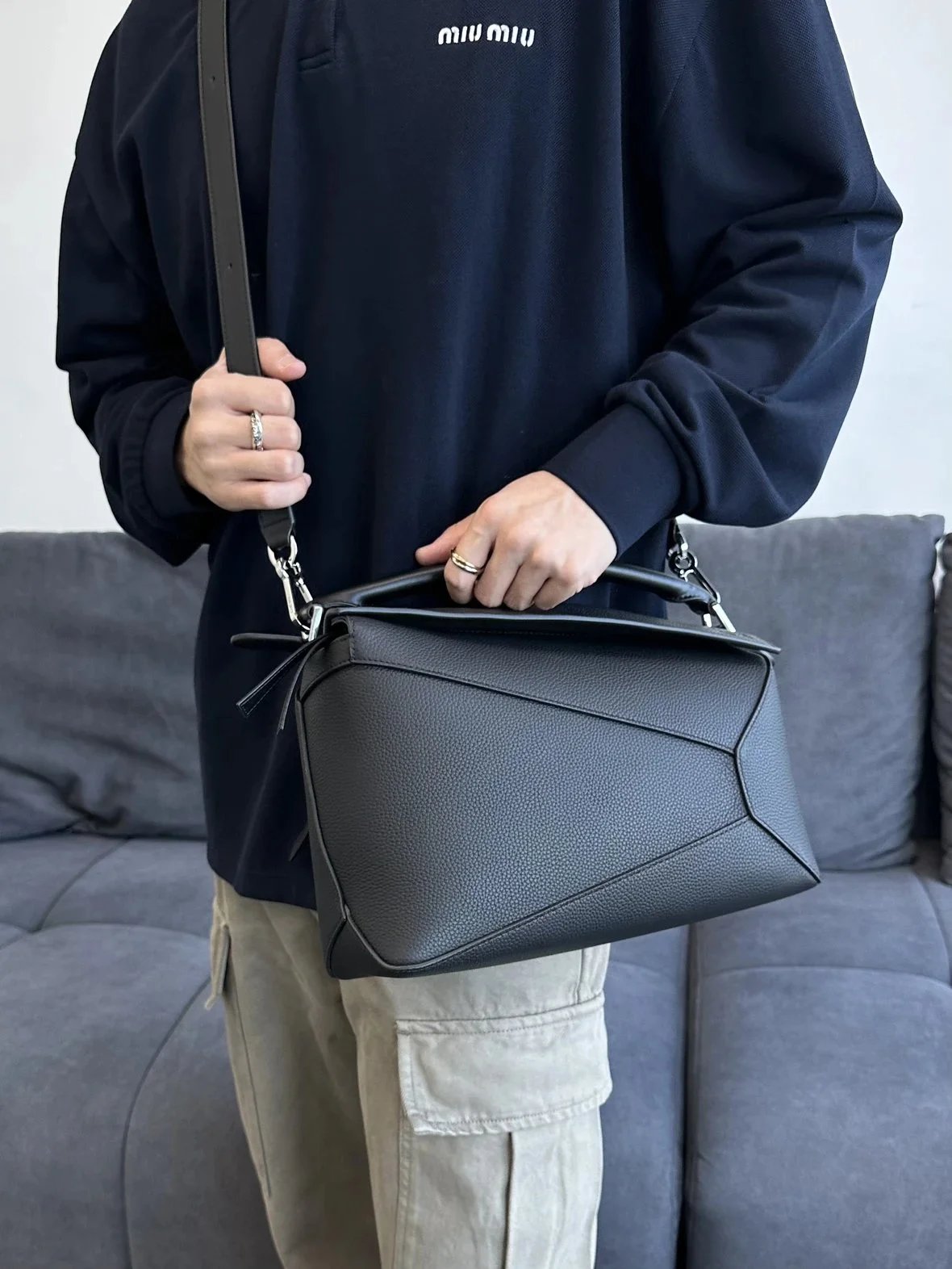 Item ID 8494 L0EWE Roewe Classic Buzz Anagram Leather Embossed Crossbody Bag Detach